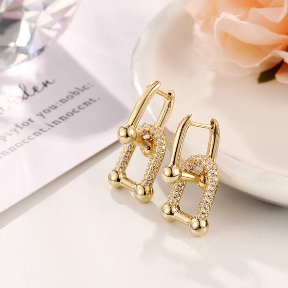 New 14K Gold Plated Link Diamond Earrings